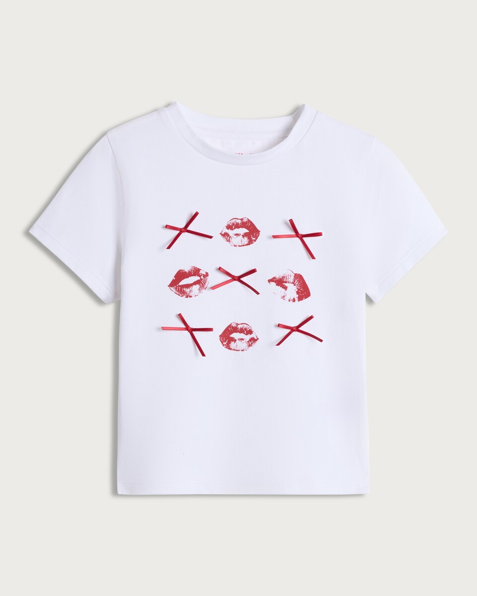 image 1 of F&F Girls Cotton Rich Lip Print T-Shirt in White