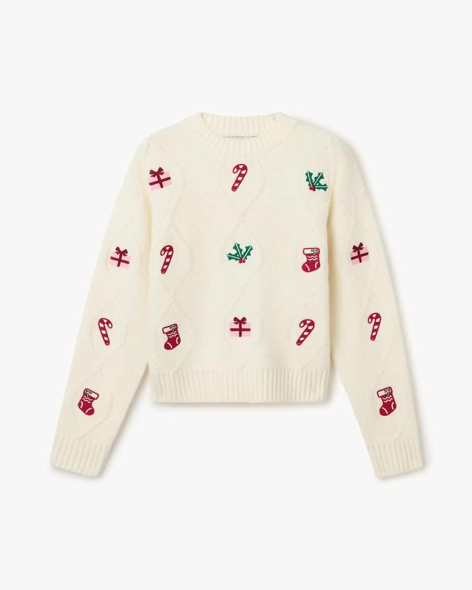 image 1 of Christmas Cable Knit Embroidered Jumper in Cream