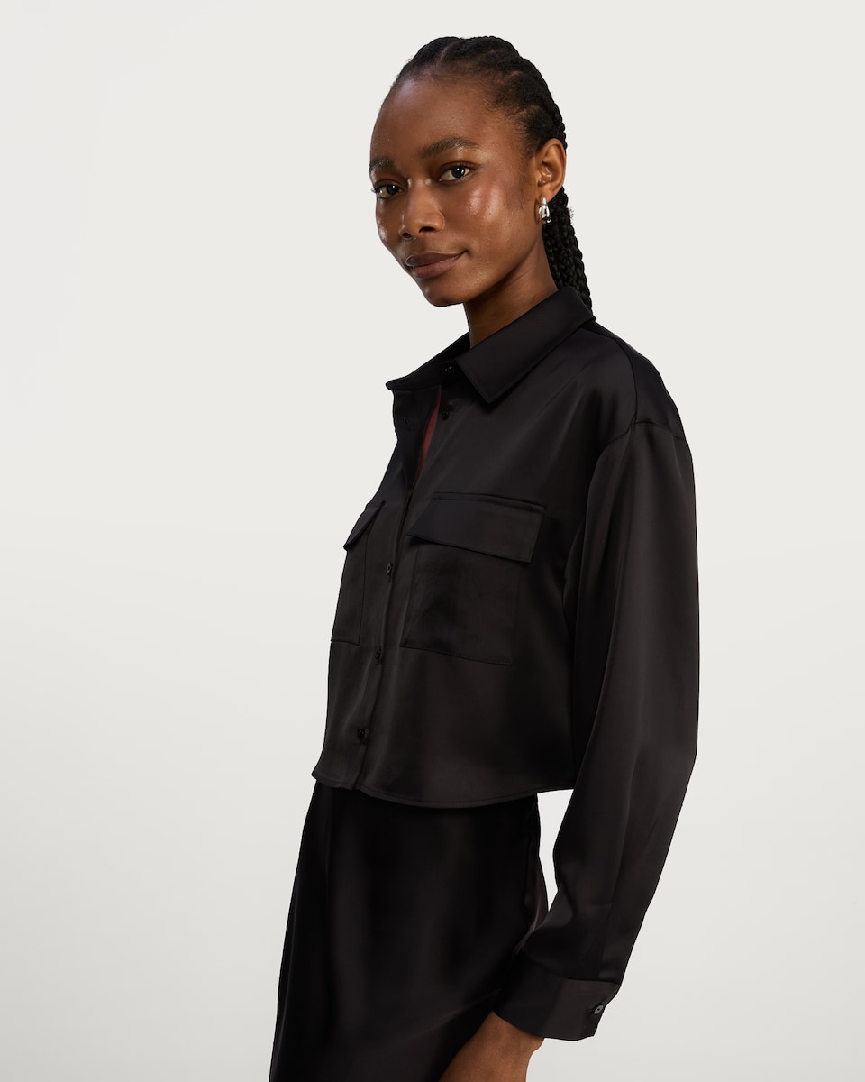 image 1 of F&F Satin Pocket Detail Cropped Button Up Shirt in Black