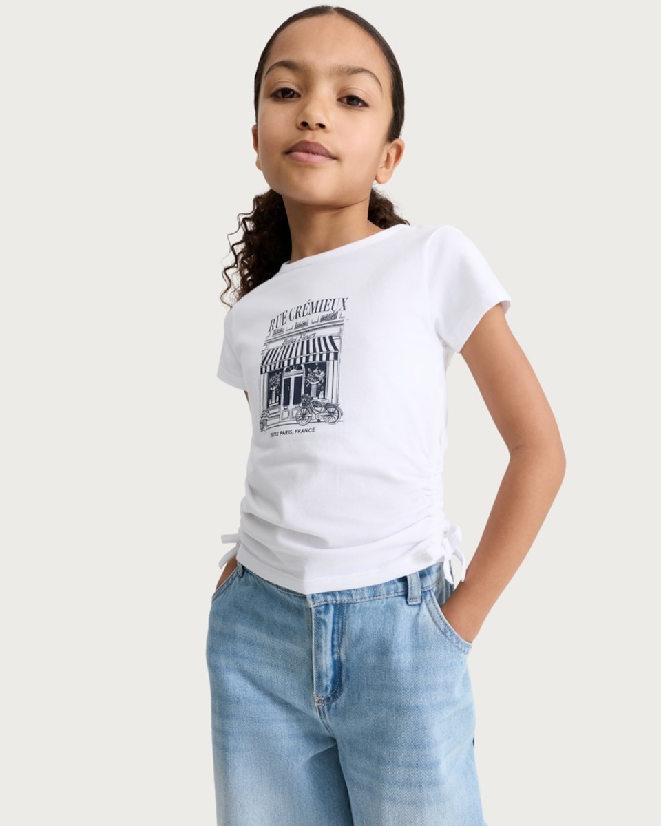 image 1 of F&F Girls Cotton Rich Ruched Side Graphic T-Shirt in White
