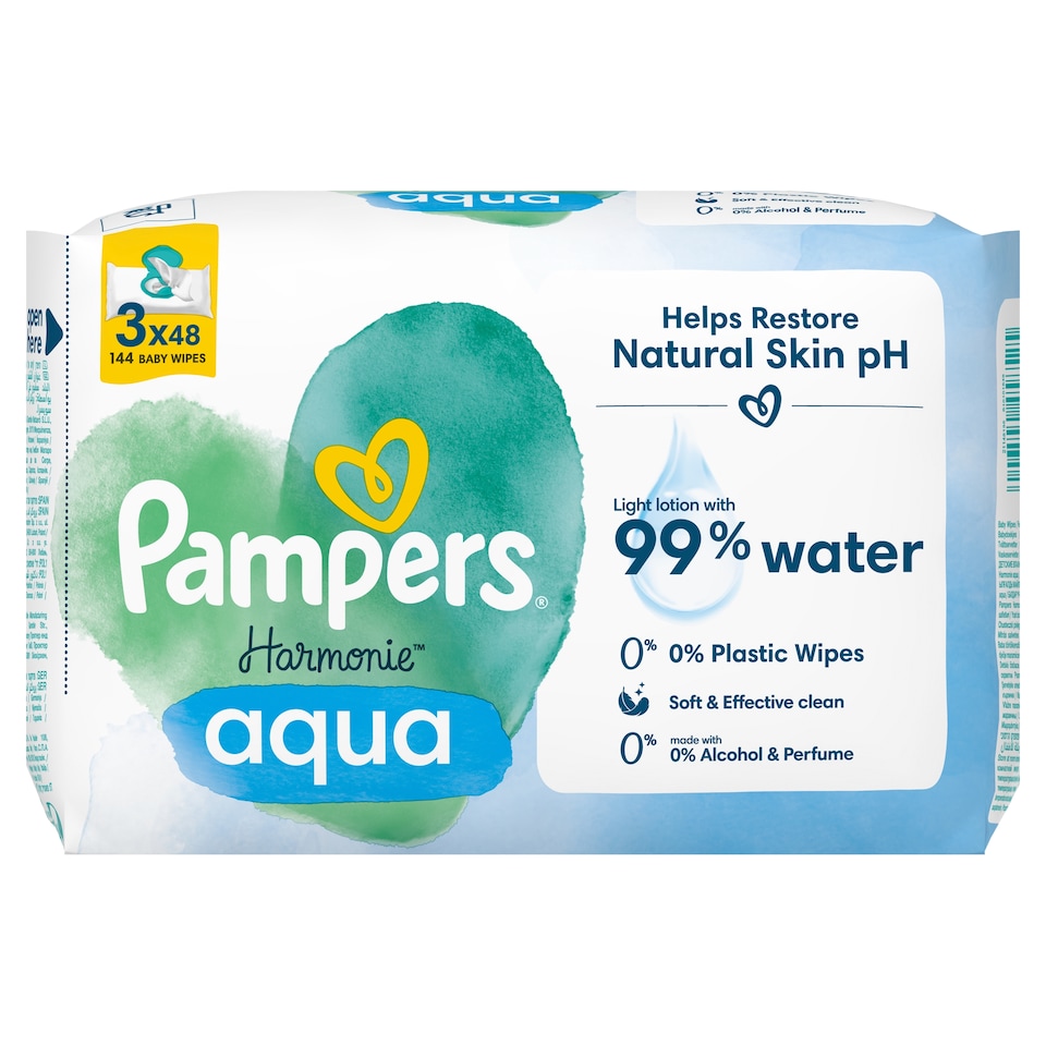 Pampers Harmonie Aqua Nedves Törlőkendő, 3 Csomag = 144 db Törlőkendő  1. kép
