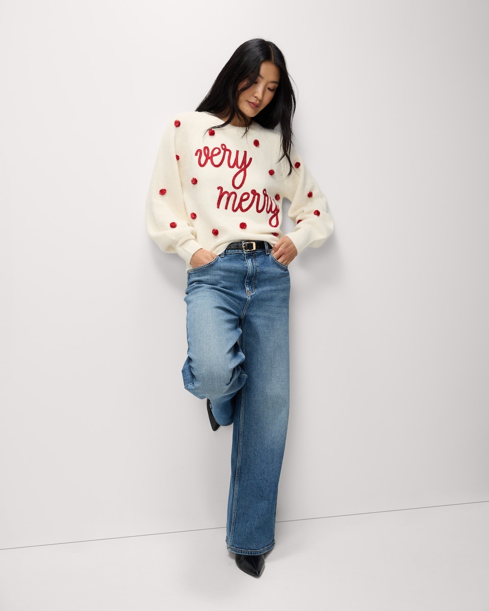 image 1 of Christmas Very Merry Pom Pom Christmas Jumper in Cream