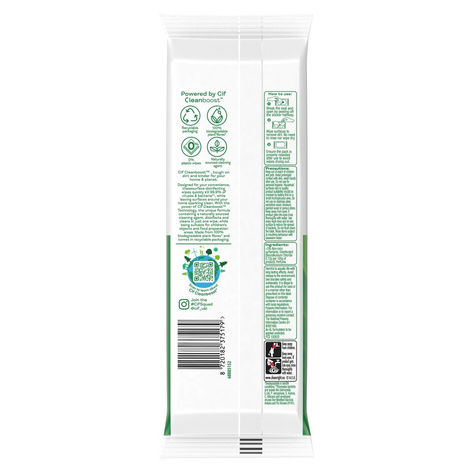 image 1 of Cif Cleanboost 60 Multi Purpose Biodegradable Wipes