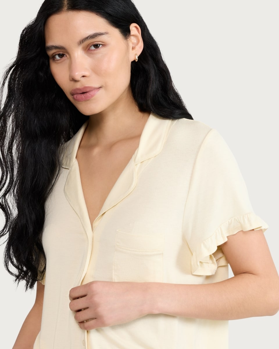 image 1 of F&F 2-Piece Frill Trim Pyjama Set in Yellow