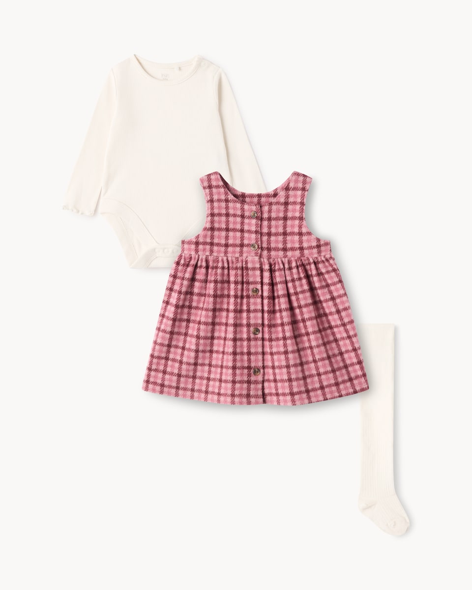image 1 of F&F Baby Cotton Rich Checked Dress, Bodysuit and Tights Set in Pink