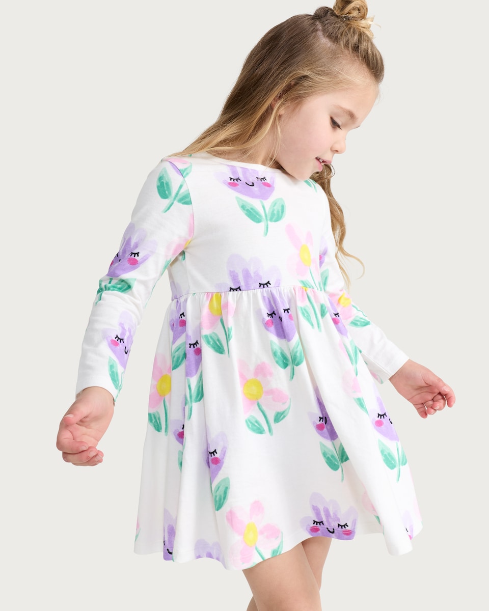 image 1 of F&F Girls Pure Cotton Floral Print Long Sleeved Dress in Pink