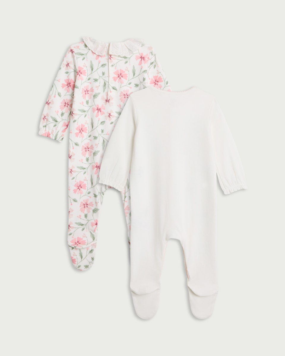 image 1 of F&F Baby 2-Pack Pure Cotton Floral Print Sleepsuits in White