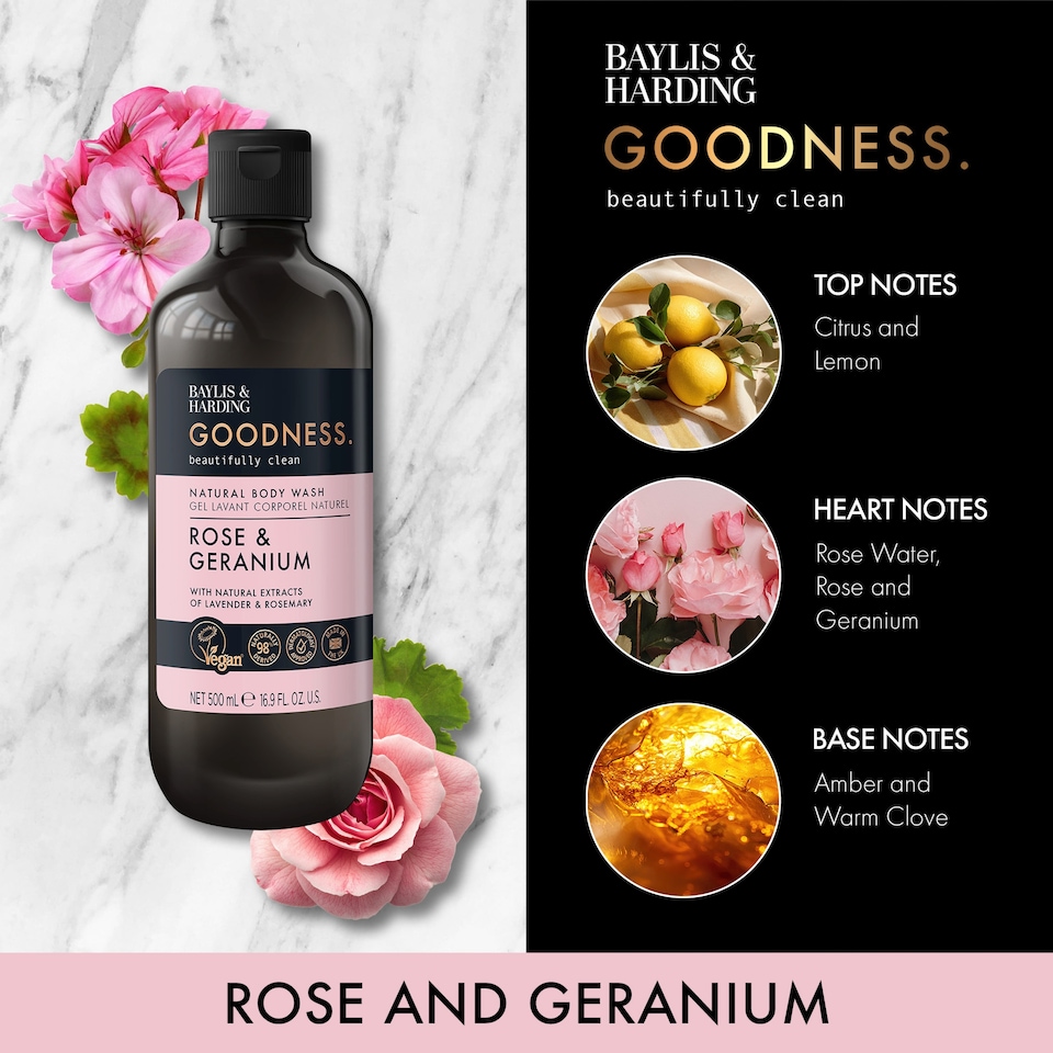 image 1 of Baylis & Harding Rose & Geranium Body Wash 500Ml