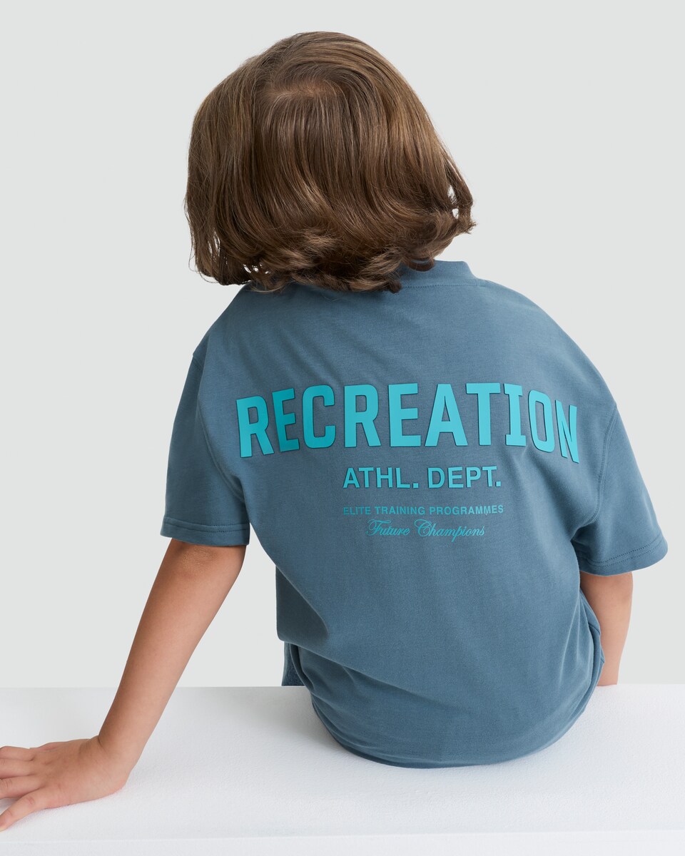 image 1 of F&F Active Pure Cotton Recreation Athl. Dept. Slogan T-Shirt in Blue