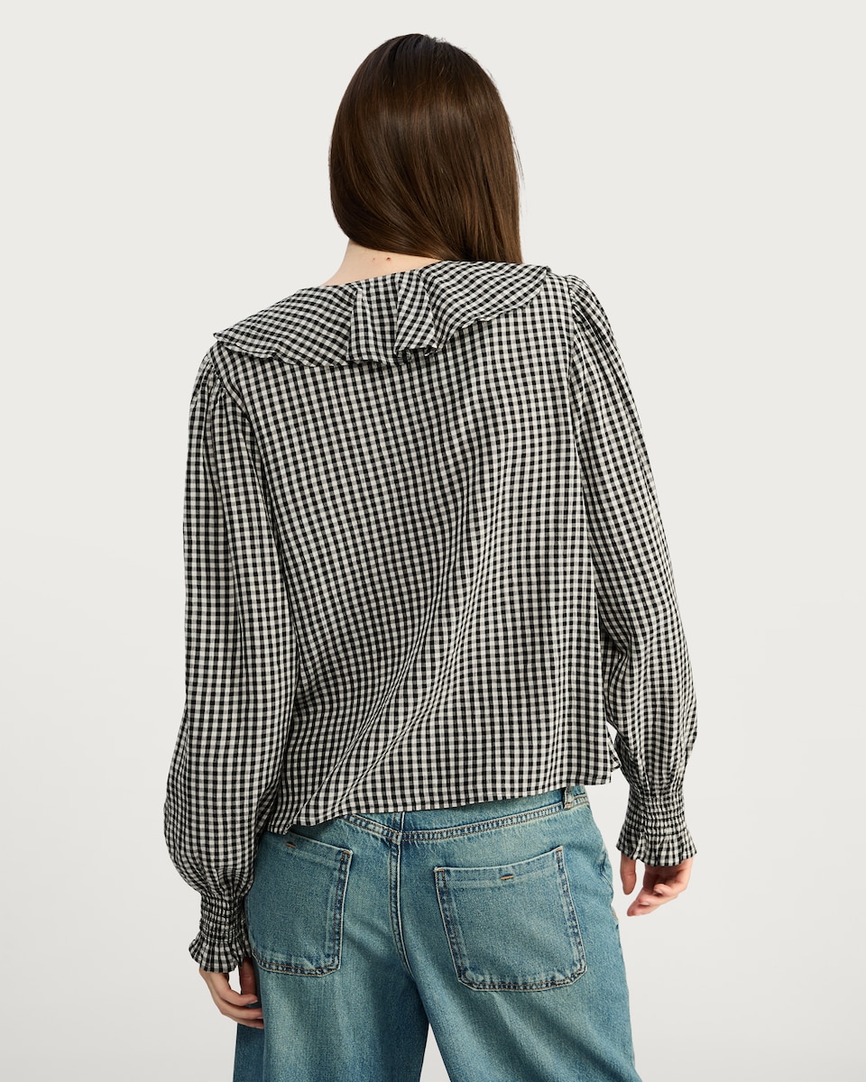 image 1 of F&F Cotton Blend Gingham Ruffle Blouse in Multi Black White