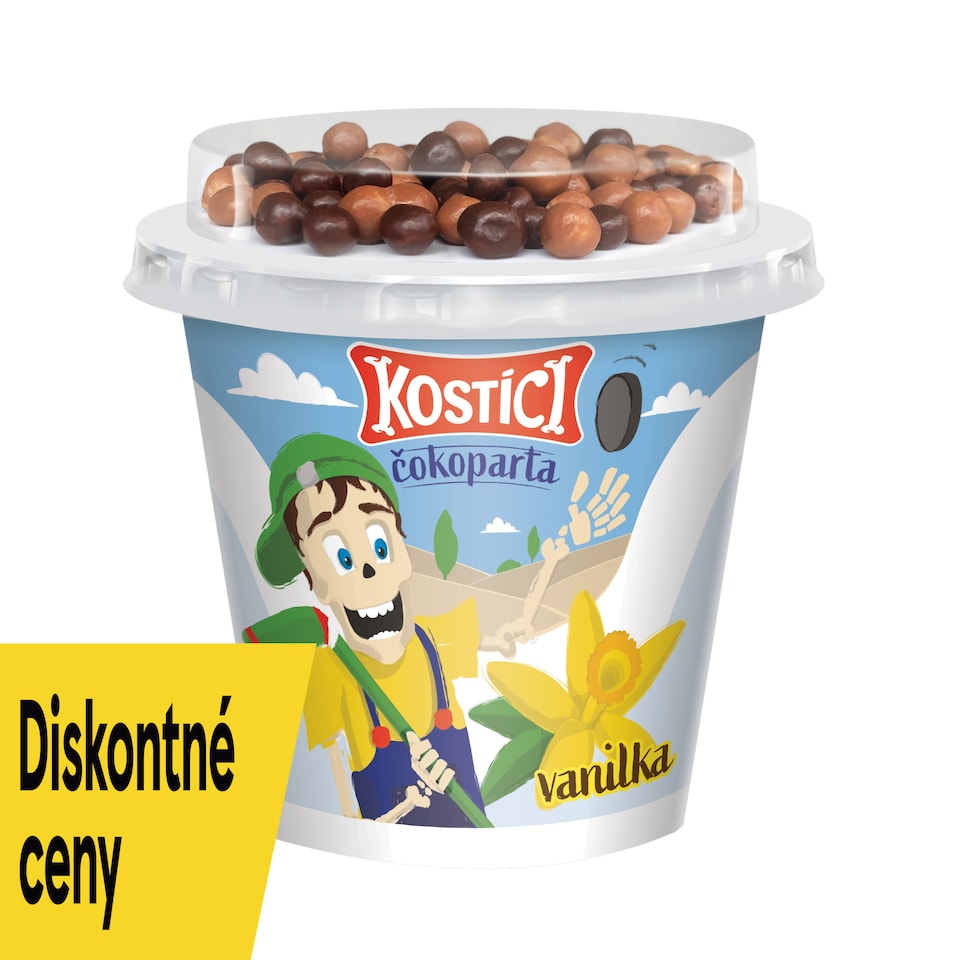 KOSTÍCI Čokoparta (vanilkový jogurt a extrudované gulôčky v čokoláde) 107g