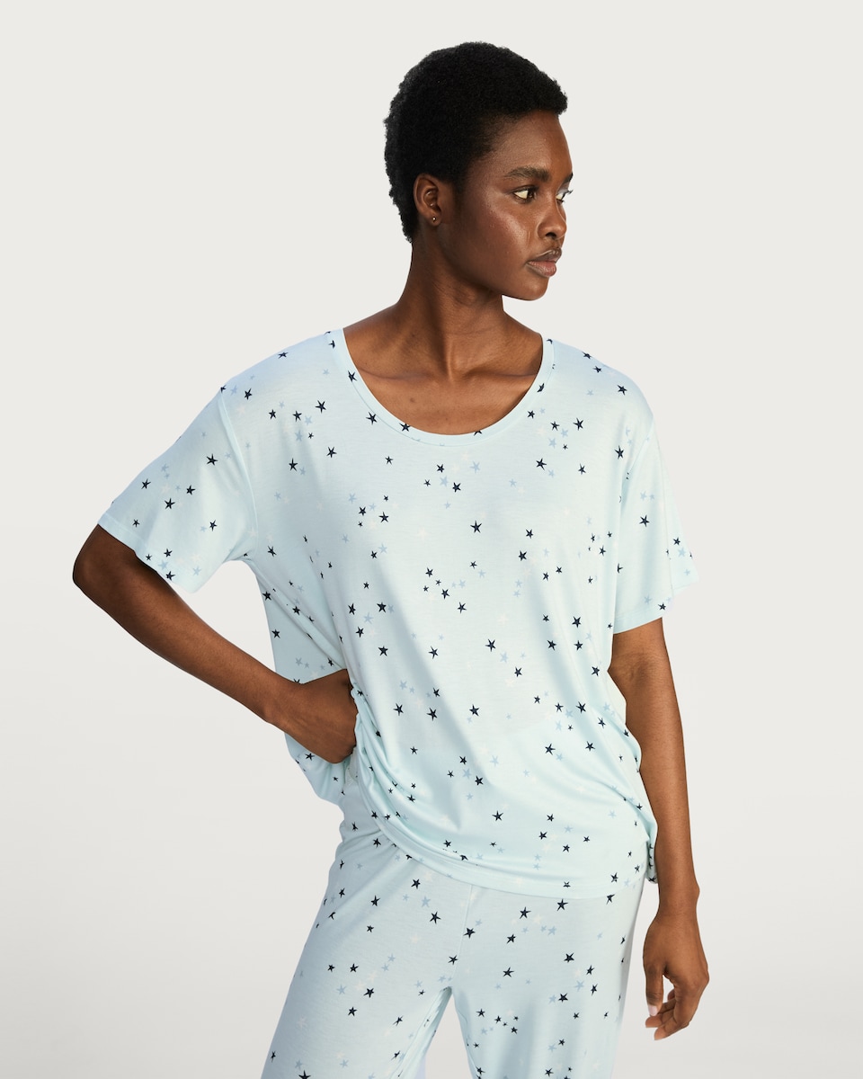 image 1 of F&F Star Print Short Sleeved Pyjama Top in Multi Blue