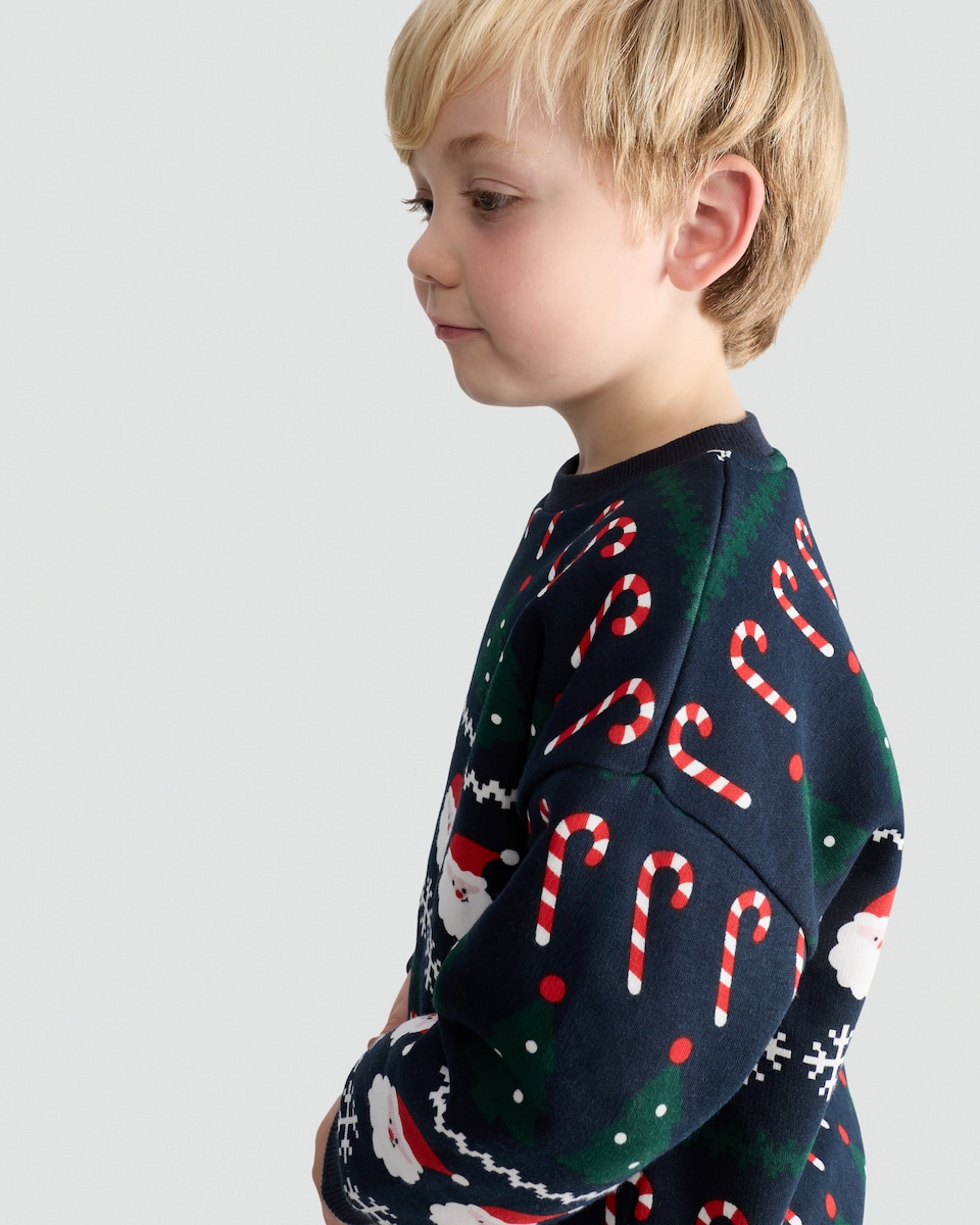 image 1 of F&F Boys Cotton Rich Christmas Motif Jumper in Navy