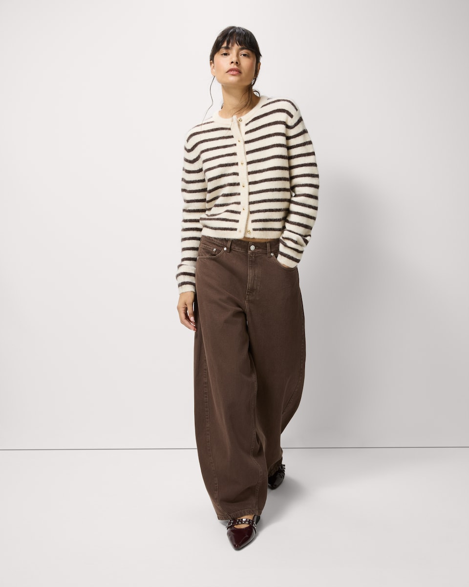 image 1 of F&F Striped Button Up Cardigan in Multi Brown