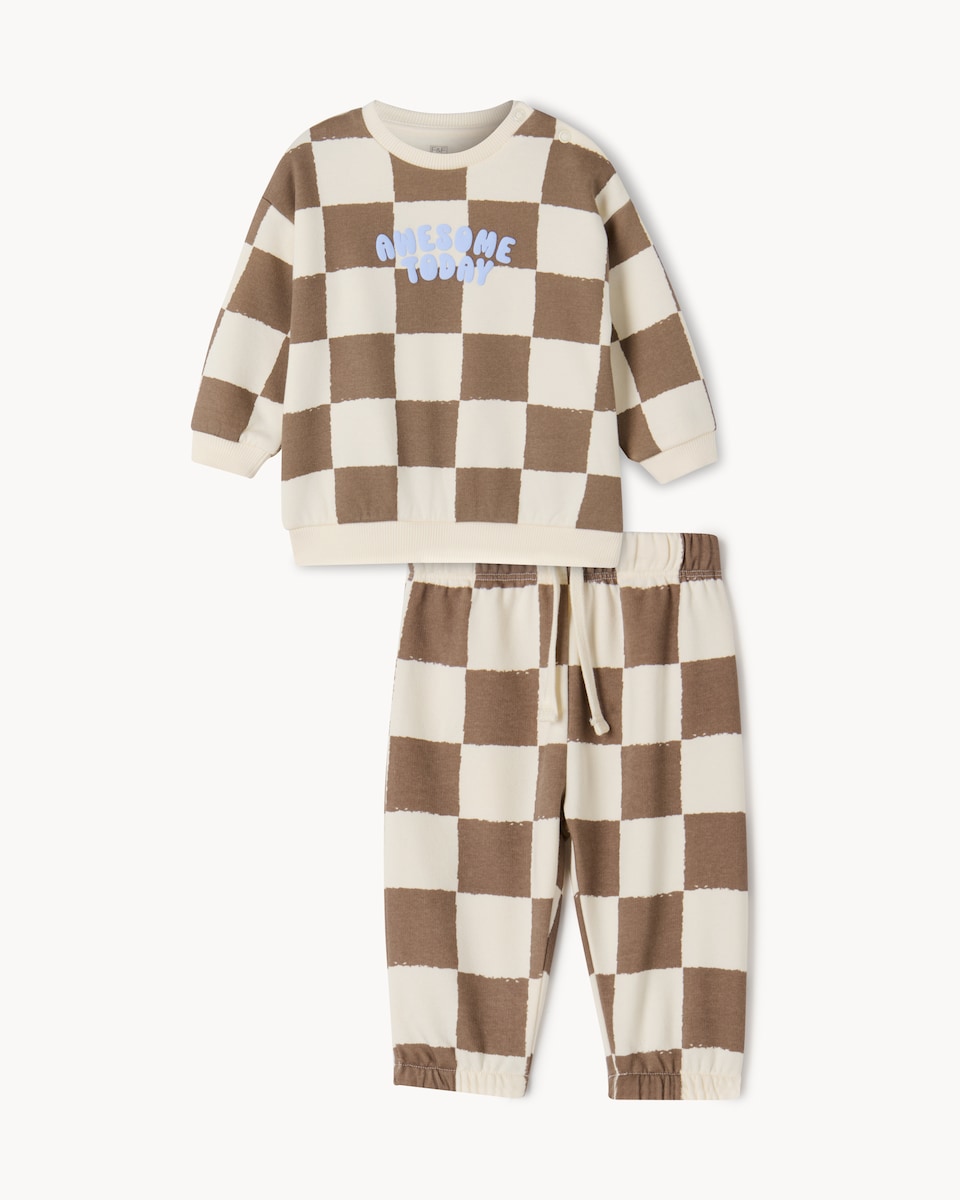 image 1 of F&F Baby 2-Piece Cotton Rich Sweatshirt & Joggers Set in Tan