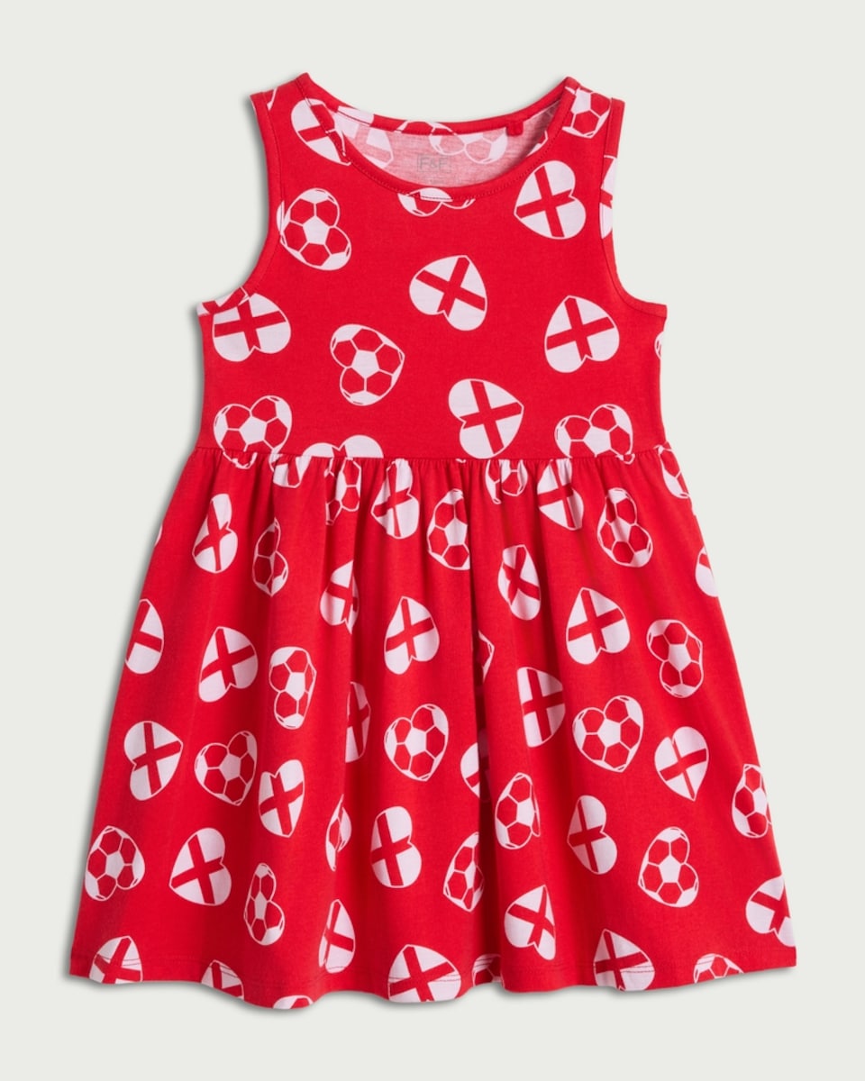 image 1 of F&F Girls Pure Cotton England Football Print Sleeveless Dress in Multi Red