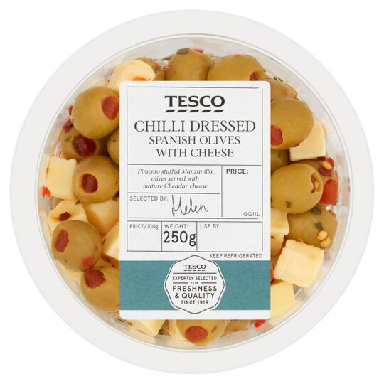 Tesco Chilli Spanish Olives With Cheese 250G Tesco Groceries
