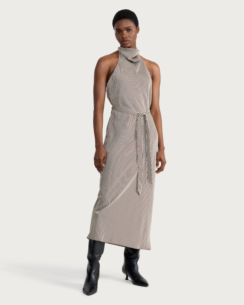 image 1 of F&F Striped Halterneck Midi Dress in Cream