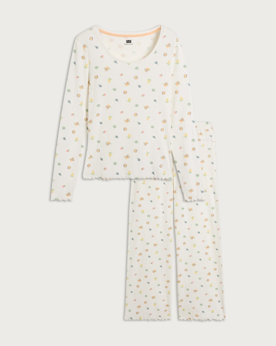 image 1 of F&F Cotton Rich Ribbed Fruit Print Long Sleeved Pyjamas in Multi White