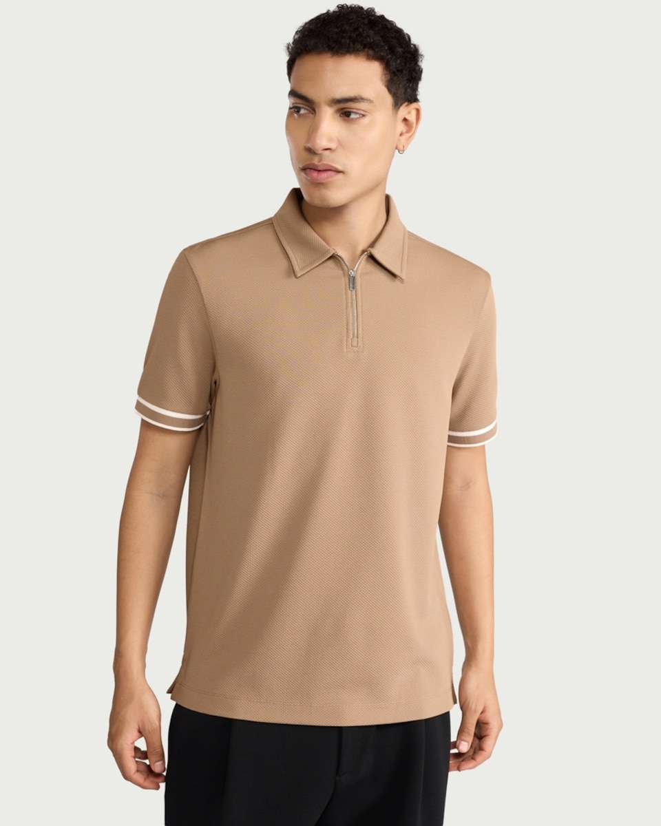 image 1 of F&F Textured Zip Neck Relaxed Fit Polo Shirt in Tan
