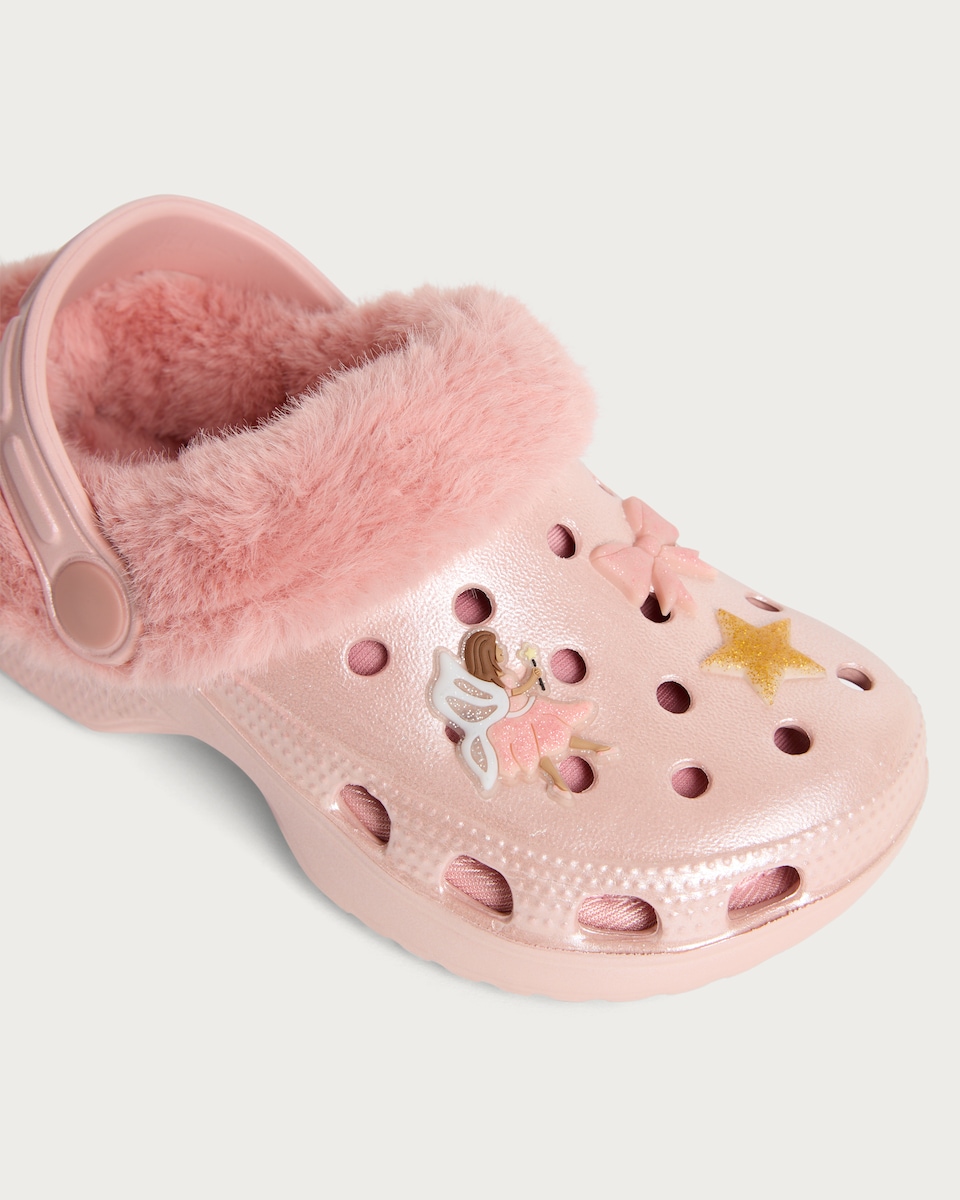 image 1 of F&F Girls Faux Fur Fairy Embellished Clogs in Pink