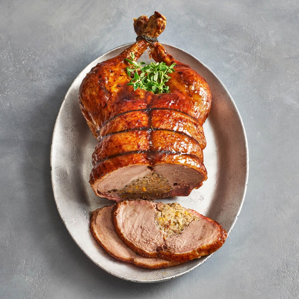 image 1 of Tesco Finest Easy Carve Duck with Pork, Orange & Maple Stuffing & Spiced Orange Glaze 1.6kg  (Serves 6)