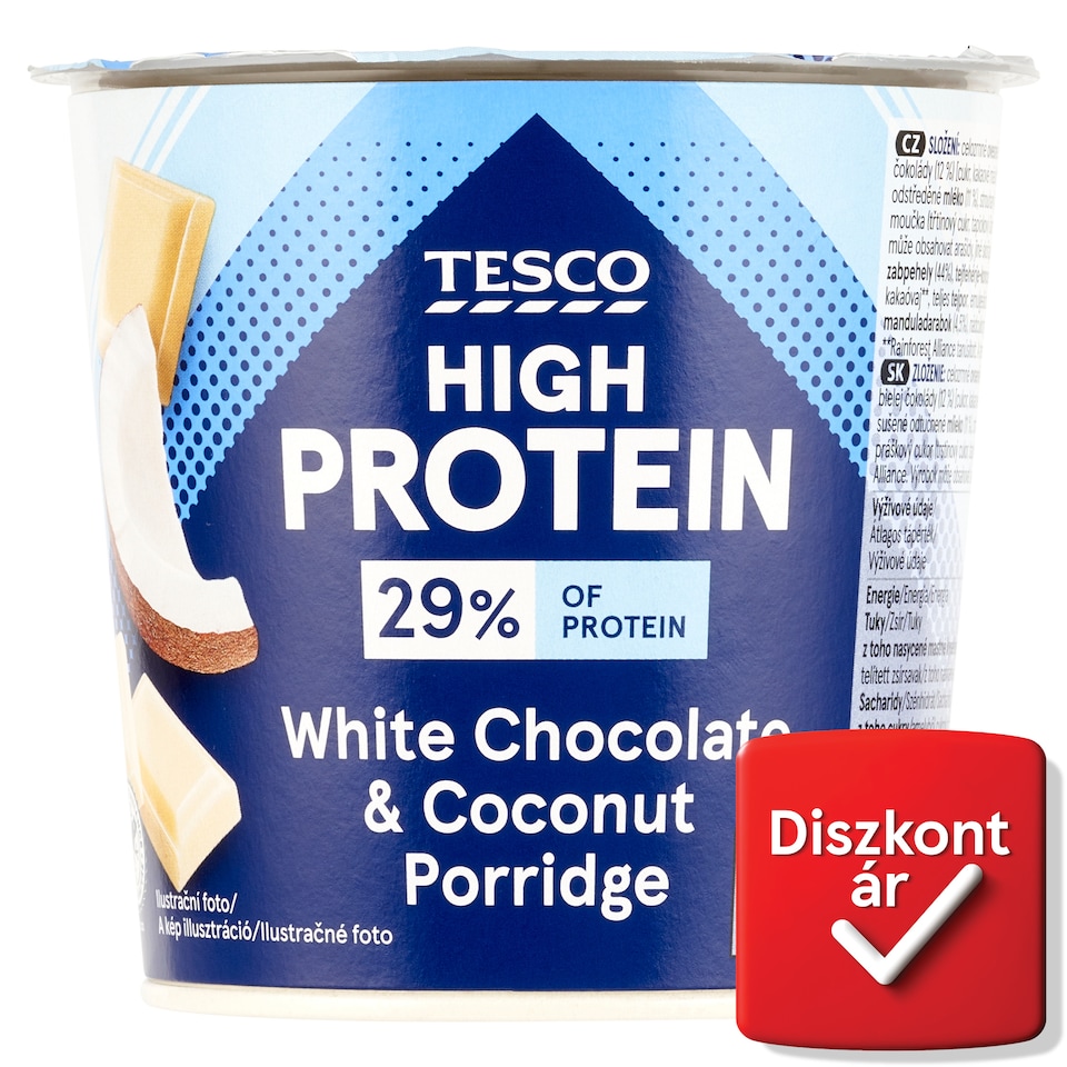 Tesco High Protein instant zabkása fehércsokoládéval, kókuszreszelékkel, manduladarabokkal 65 g 