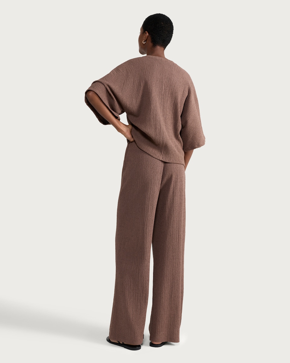 image 1 of F&F Cotton Rich Crinkle Textured Wide Leg Co-ord Trousers in Chocolate