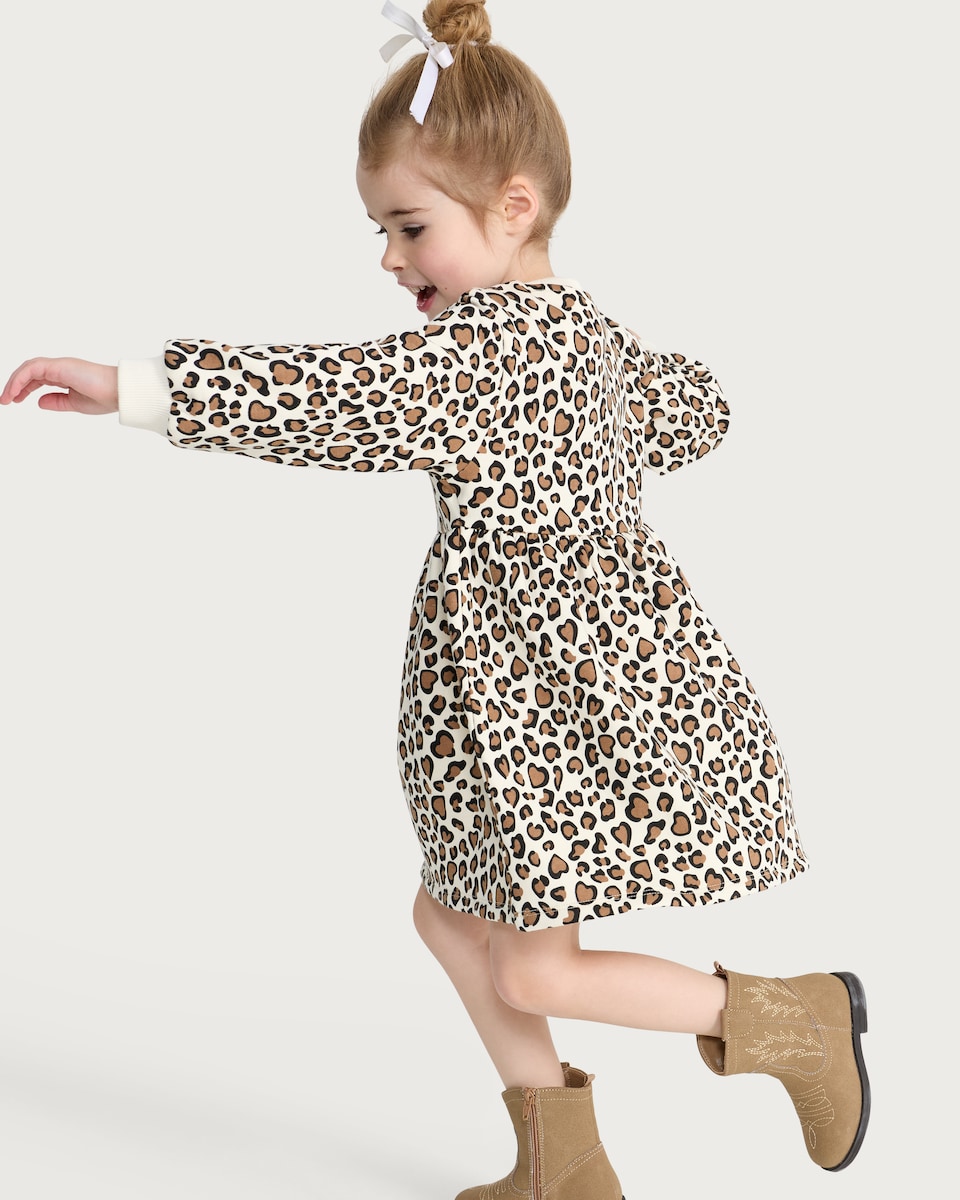 image 1 of F&F Girls Cotton Rich Leopard Print Long Sleeved Dress in Multi Brown
