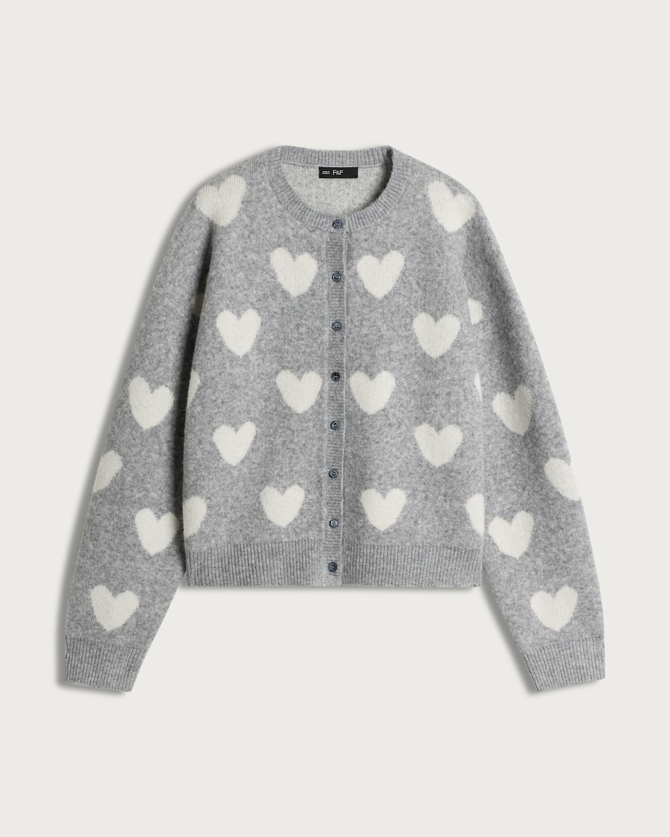 F&F Knitted Heart Print Button Up Cardigan in Grey Marl - Tesco Groceries
