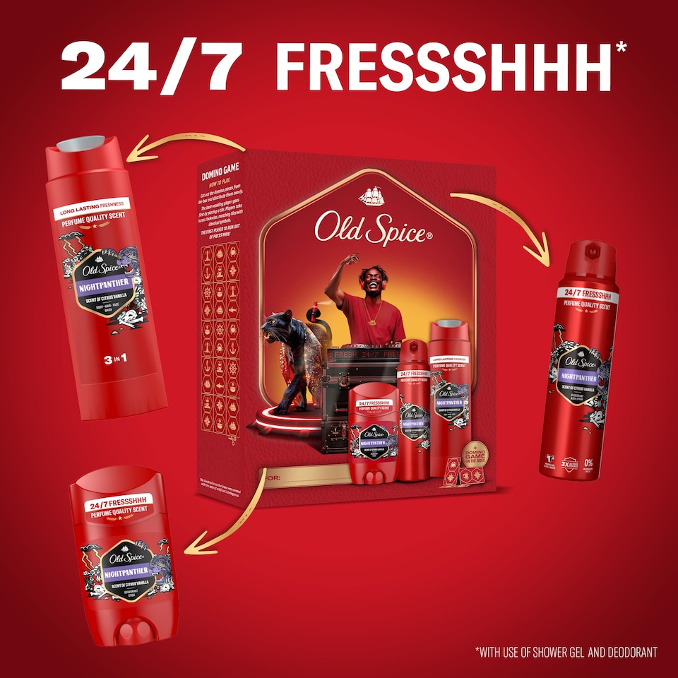 Obrázek 1 pro produkt Old Spice DJ Dárková Sada S Deodorantem Ve Spreji, Tuhým Deodorantem A Sprchovým Gelem Night Panther