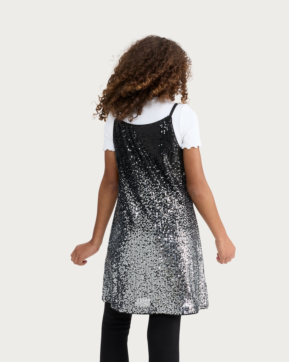 image 1 of F&F Girls Sequin Dress and Cotton Rich T-Shirt Set in Silver