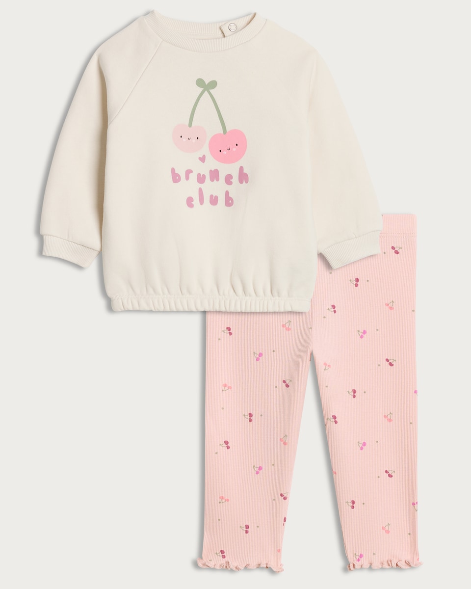 image 1 of F&F Baby Cotton Rich Brunch Club Sweatshirt and Leggings Set in Cream