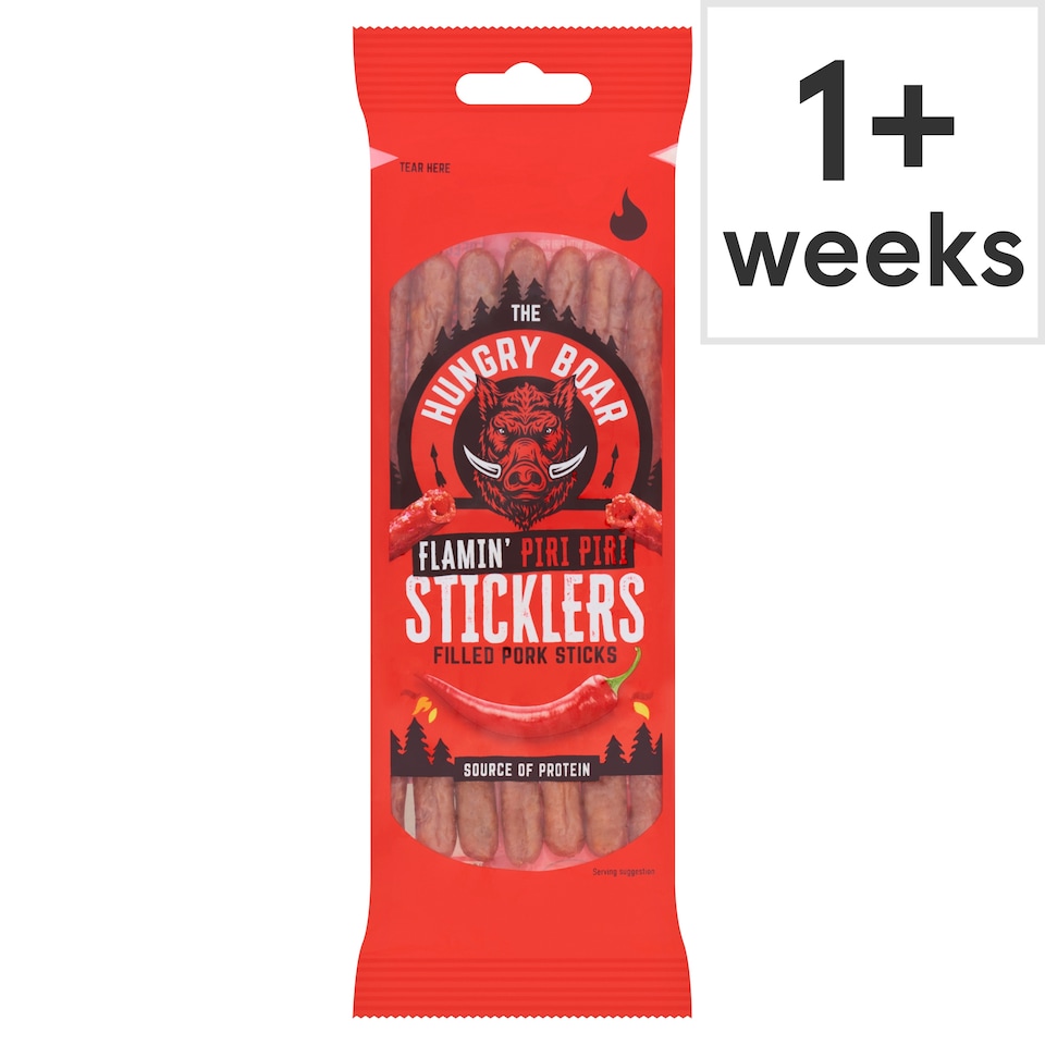 The Hungry Boar Flamin' Piri Piri Sticklers Filled Pork Sticks Clipstrip 50g