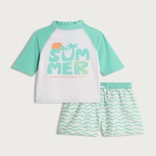F&F Boys 2-Piece Summer Vacation Time Rash Vest and Swim Shorts Set in Multi