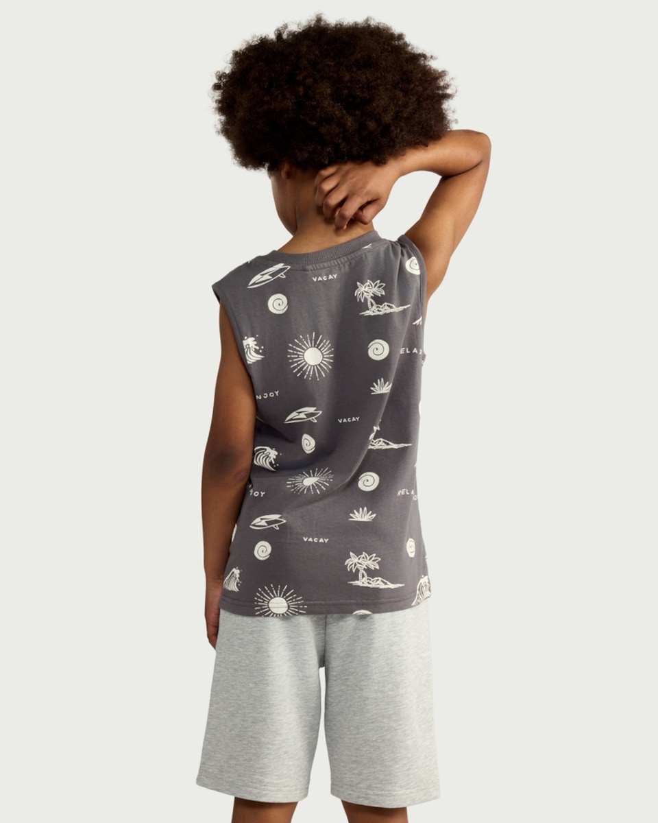 image 1 of F&F Boys Pure Cotton Printed Oversized Fit Vest in Grey