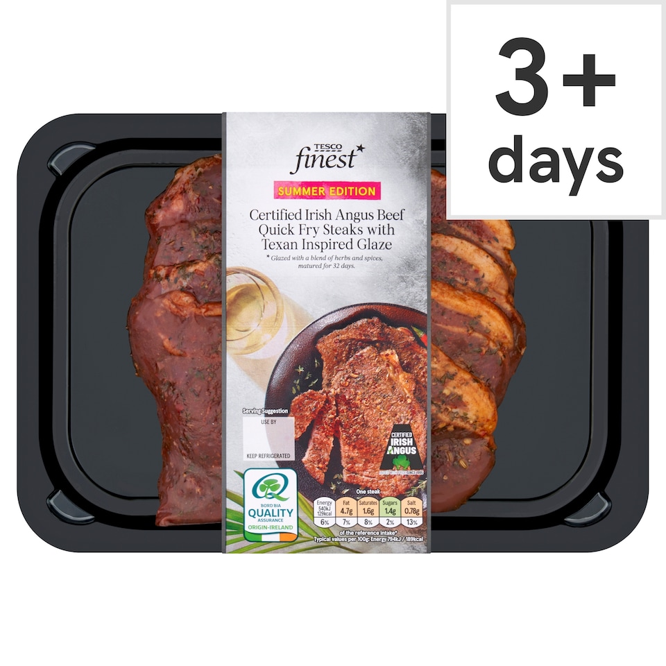 Tesco Finest Certified Irish Angus Beef Quick Fry Steaks with Texan inspired Glaze 360g