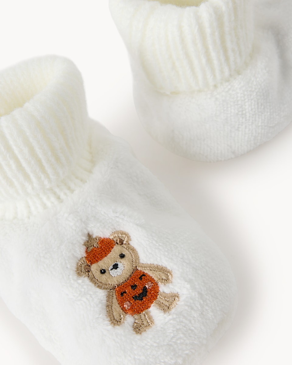 image 1 of F&F Baby Embroidered Pumpkin Bear Booties in Orange