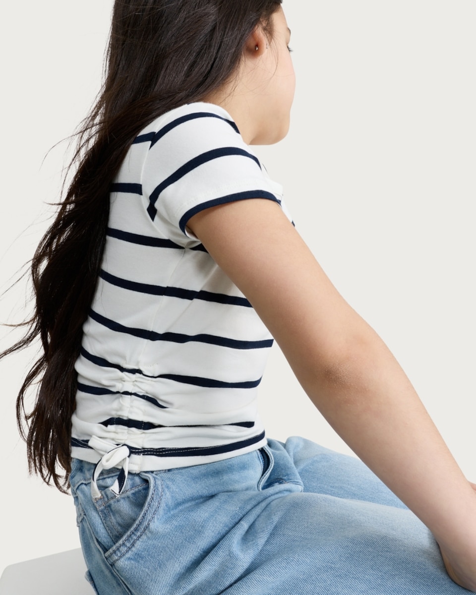 image 1 of F&F Girls Cotton Rich Striped Ruched Side T-Shirt in Cream