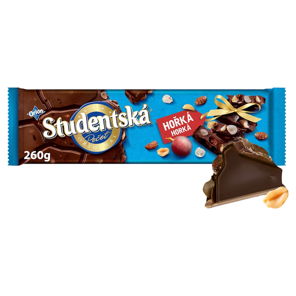 ORION STUDENTSKÁ PEČEŤ hořká čokoláda s arašídy, rozinkami a želé 260g