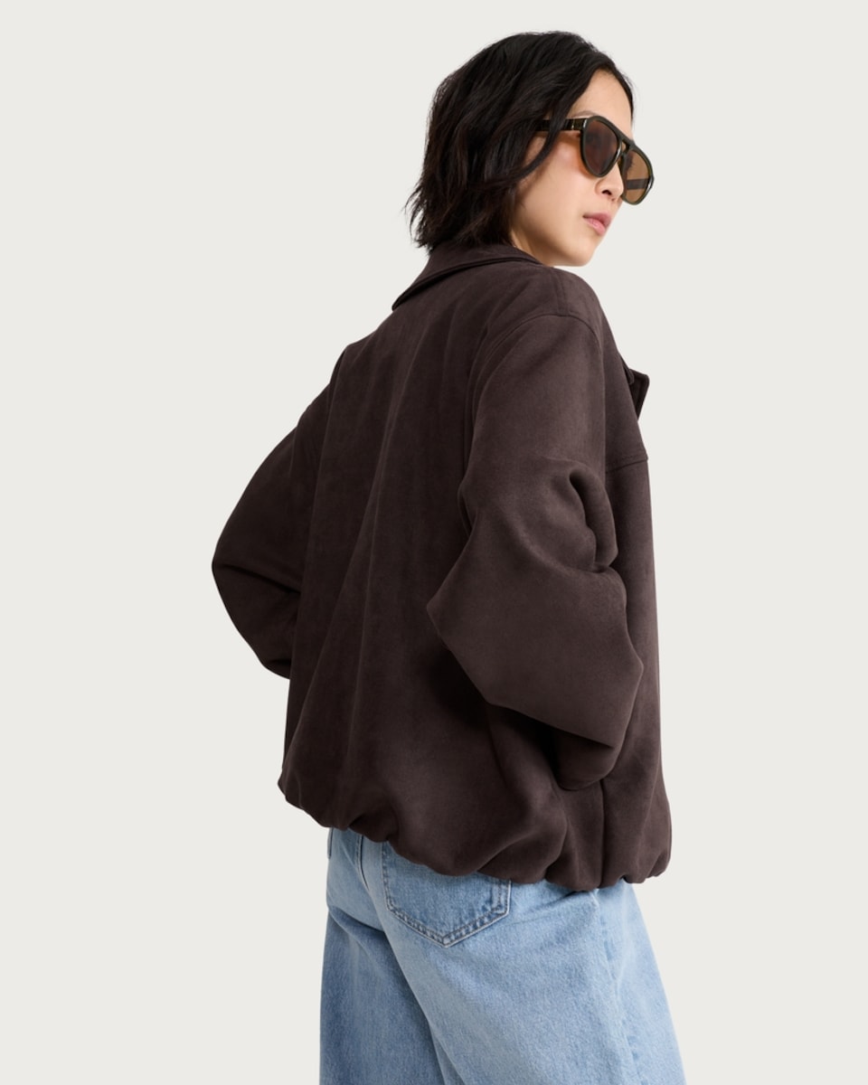 image 1 of F&F Faux Suede Bubble Hem Zip Up Jacket in Brown