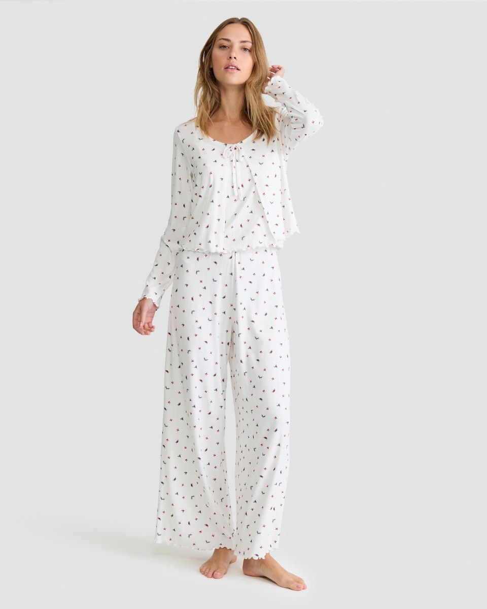 image 1 of F&F 3-Piece Holly Print Tie Front Cardigan, Cami and Bottoms Pyjamas in Cream