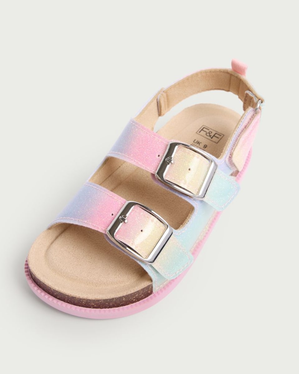 image 1 of F&F Girls Glitter Buckle Strap Sandals in Multi