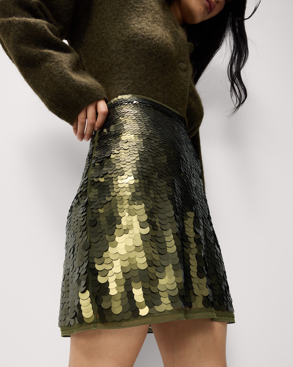 image 1 of F&F Sequin Mini Skirt in Khaki
