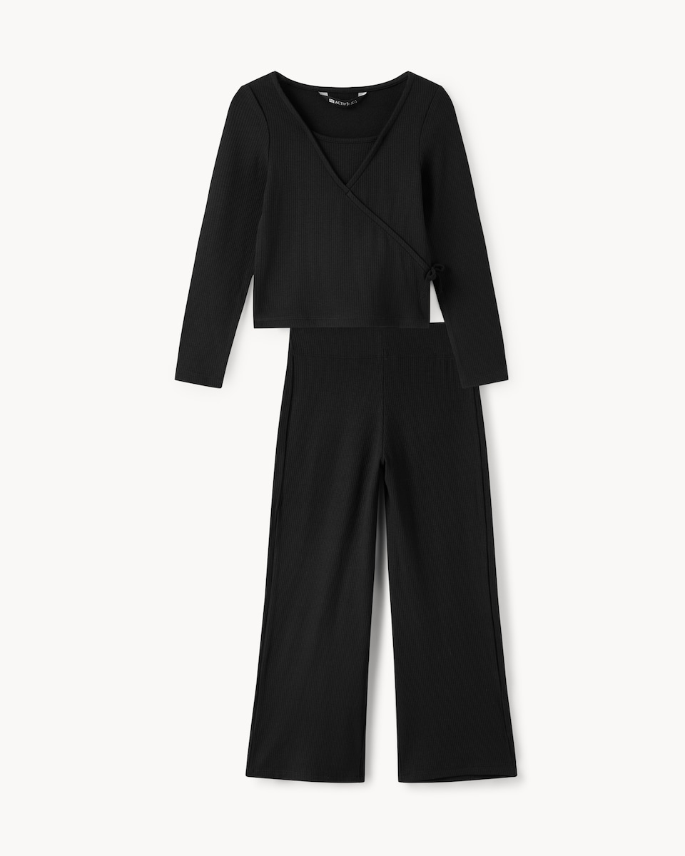 image 1 of F&F Active Girls Ribbed Wrap Top and Trousers Set in Black