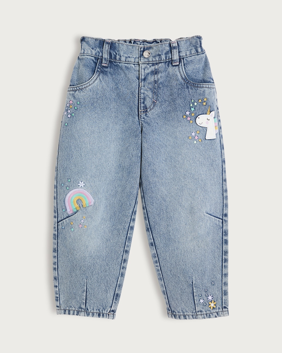 image 1 of F&F Girls Pure Cotton Barrel Leg Embroidered Jeans in Blue