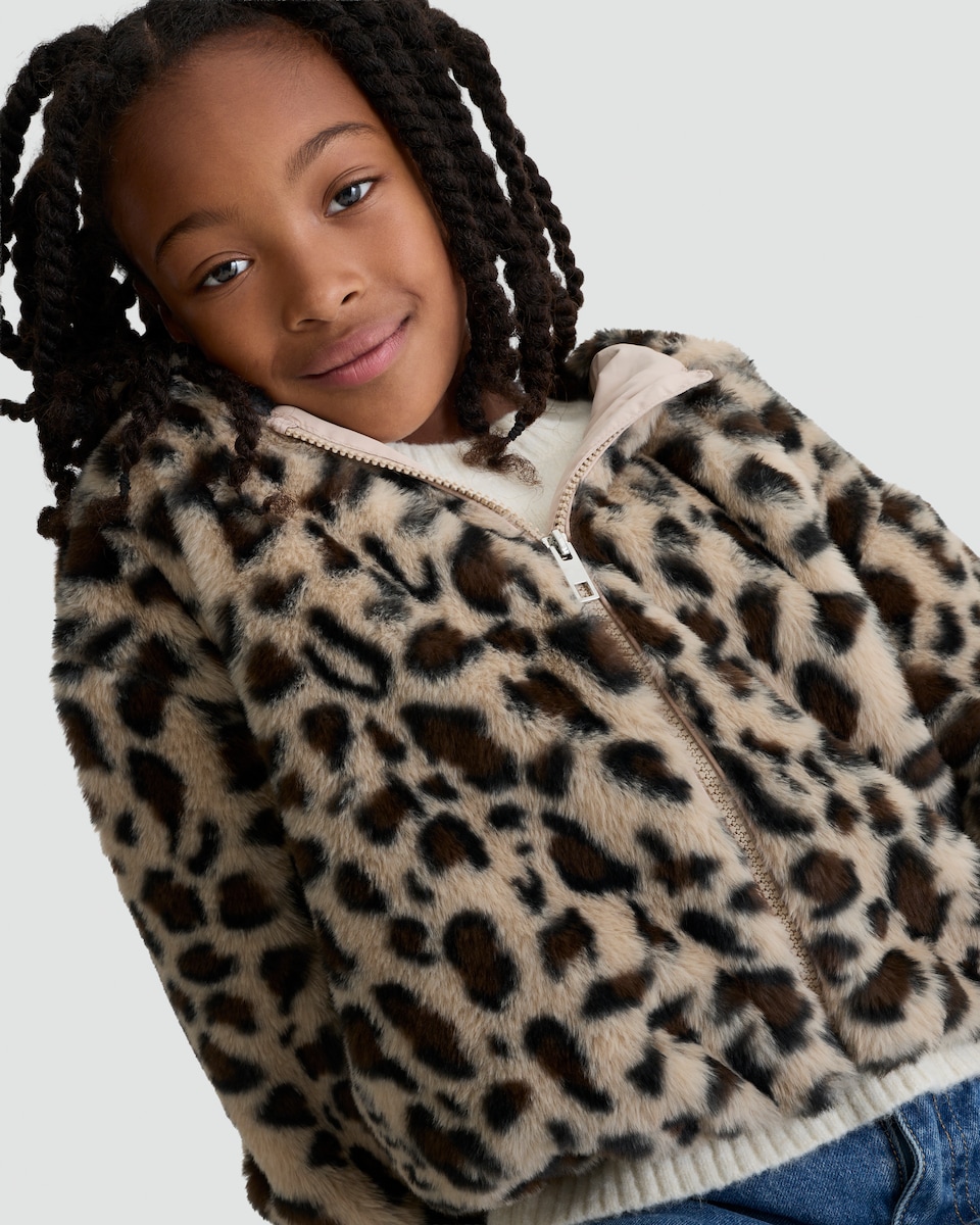 image 1 of F&F Girls Fleece Leopard Print Hooded Jacket in Multi Brown