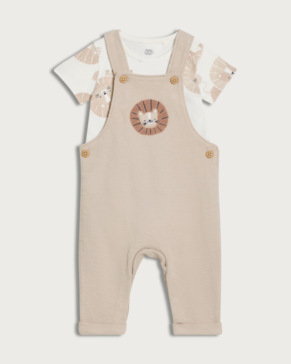 F&F Baby 2-Piece Pure Cotton Lion Dungarees and Bodysuit Set in Neutral
