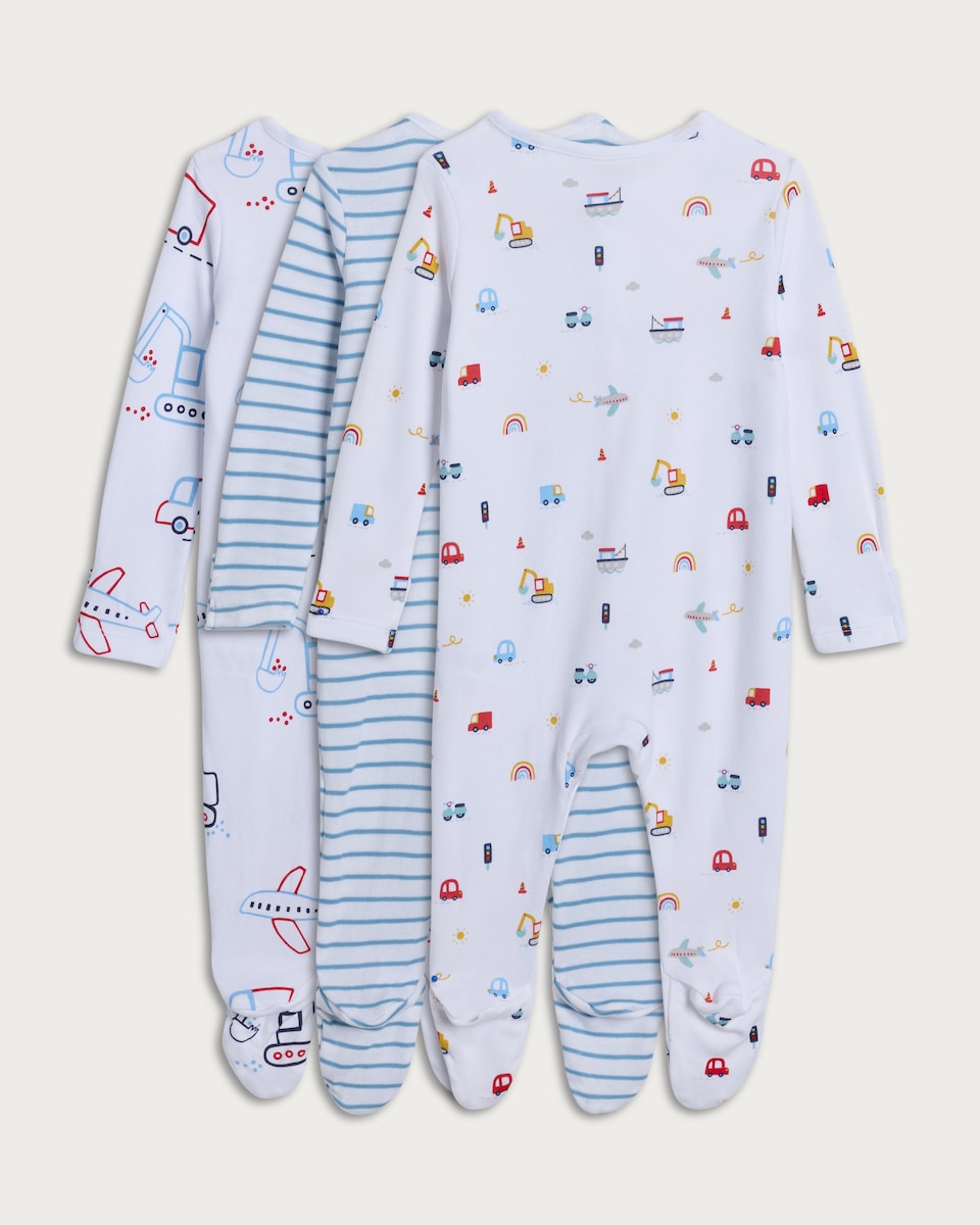 image 1 of F&F Baby 3-Pack Pure Cotton Transport Print Sleepsuits in White
