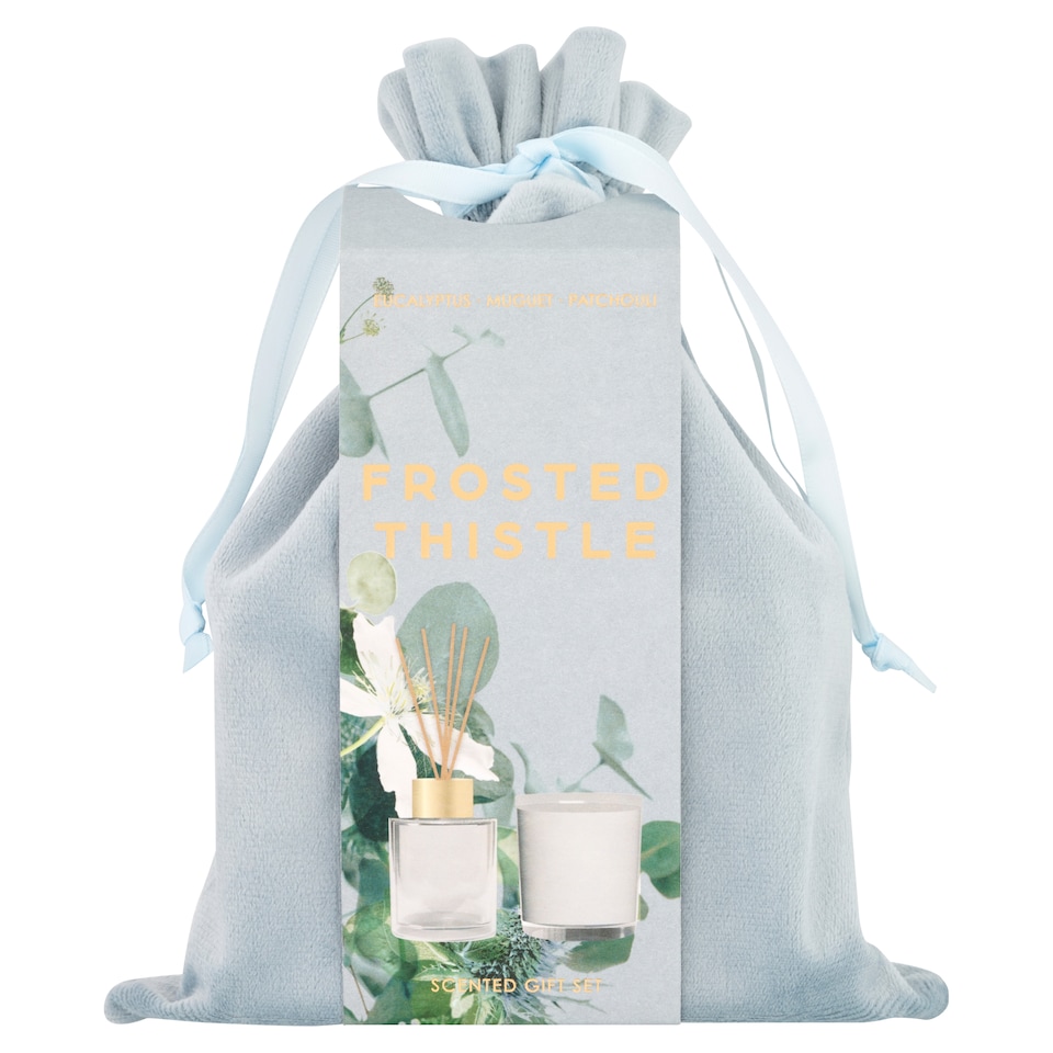 image 1 of F&F Home Floral Bouquet Frosted Thistle Drawstring Candle & Reed Diffuser Gift Set